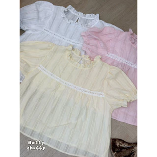 /NT/ เสื้อคอระบาย ไซส์อก38-50 ตัวเสื้อแขนตุ๊กตา แต่งแถบลูกไม้ปักช่วงอก ผ้าคอตตอนฉลุเนื้อบาง ใส่สบาย #สาวอวบอ้วน พลัสไซส์