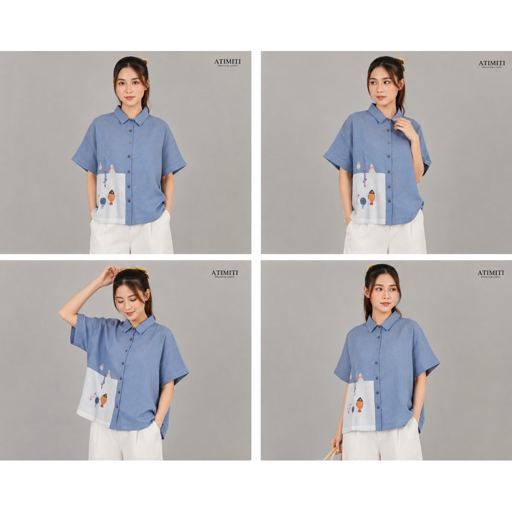 Atimiti เสื้อลินินแท้ คอปก แขนสั้น ทรงไหล่ตก กระดุมผ่าหน้า ด้านหน้าต่อผ้า-สกรีนลายปลา ชายเสื้อตรง “อก 48-50 นิ้ว