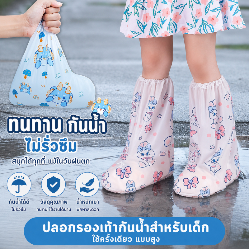 ที่คลุมรองเท้าลายการ์ตูนสำหรับเด็ก ที่ป้องกันรองเท้า และที่คลุมรองเท้าบูทกันฝน สามารถป้องกันไม่ให้รองเท้าเปียกได้
