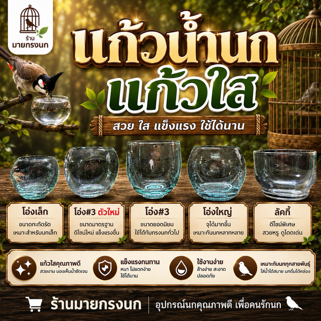 🫗💦แก้วน้ำนก แก้วใส ใบหนา💦🫗