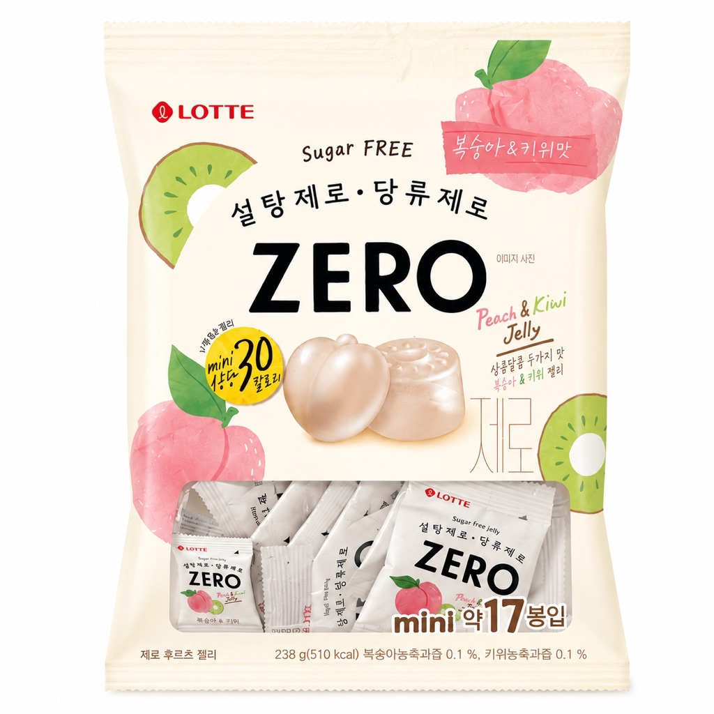 LOTTE ZERO Sugar Free Jelly เจลลี่รสพีช & กีวี นำเข้าจากเกาหลี 17 ซองย่อย