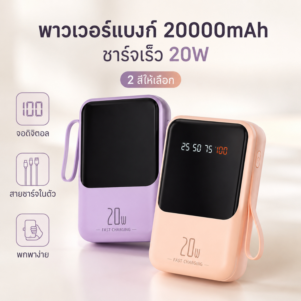 พาวเวอร์แบงก์ 20000mAh แบตอึดความจุสูง ชาร์จเร็ว 20W สายในตัวครบ 4 แบบ หน้าจอดิจิตอล พกพาสะดวก นำขึ้นเครื่องได้