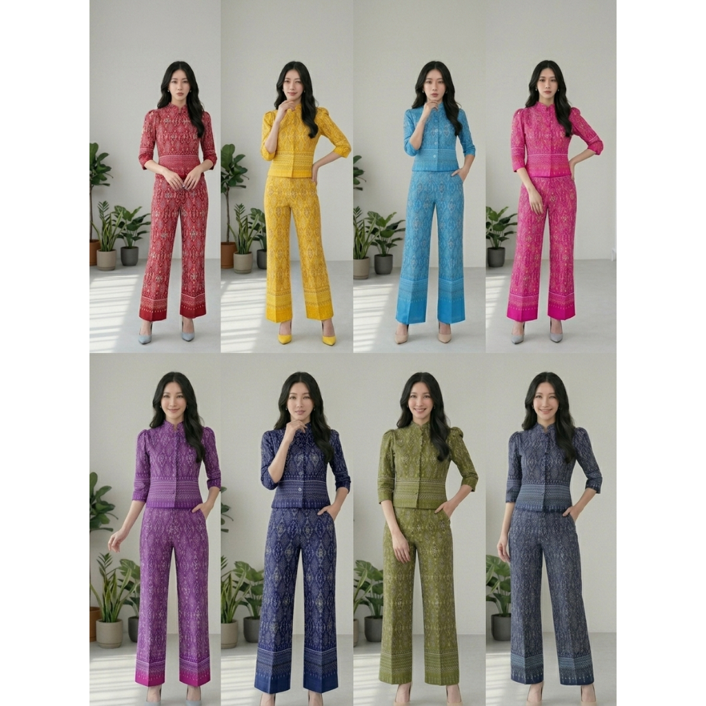 H235 ชุดผ้าไทยผู้หญิง เสื้อ + กางเกง ลายไทยประยุกต์ ทรงสวย