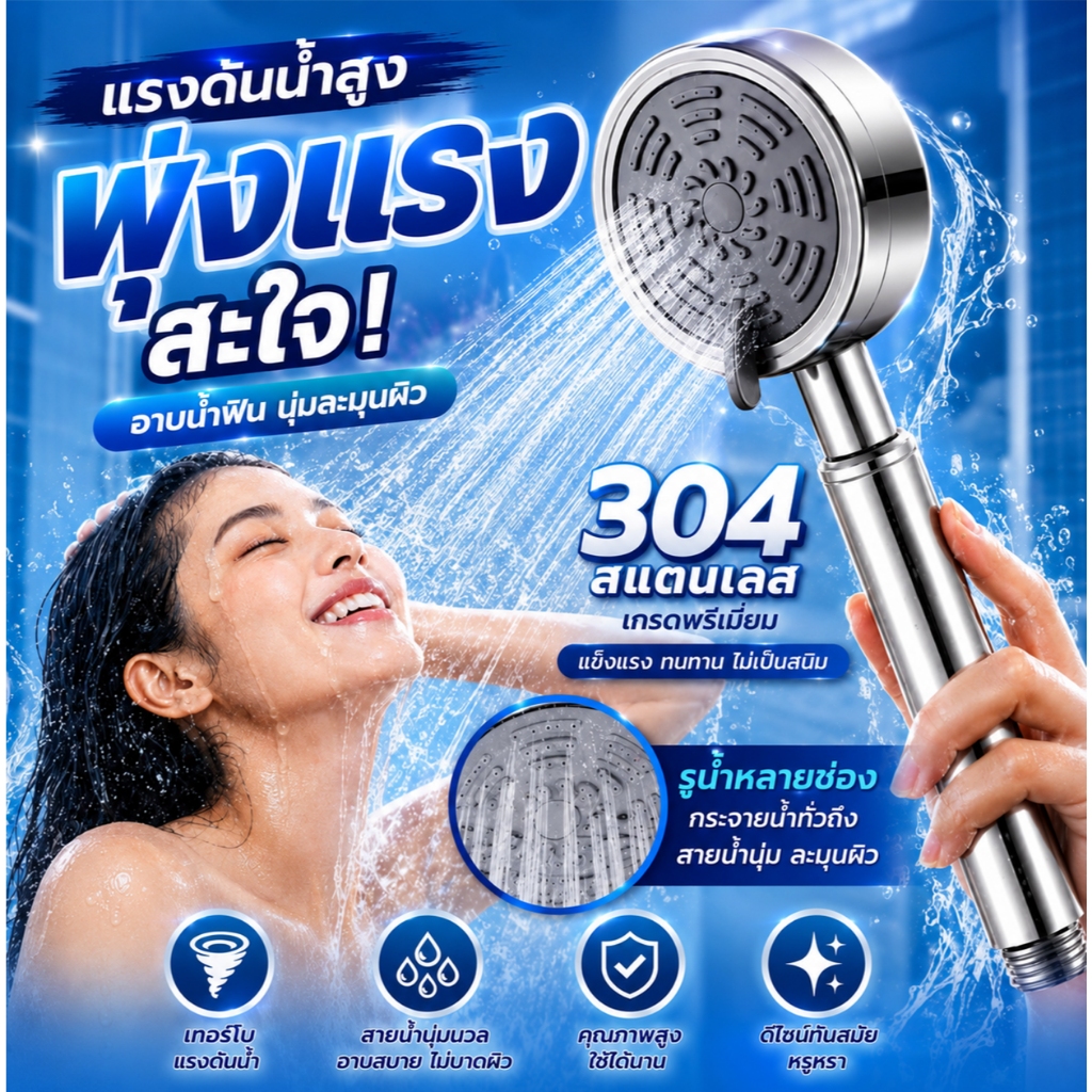 🔥ฝักบัวแรงดันสูง สแตนเลส 304 แท้ หัวฝักบัวอาบน้ำ ทนทานกันสนิมระดับเทพ น้ำแรงนุ่มสบายผิว ใช้ได้ทุกห้องน้ำช้อปเลย🛍️