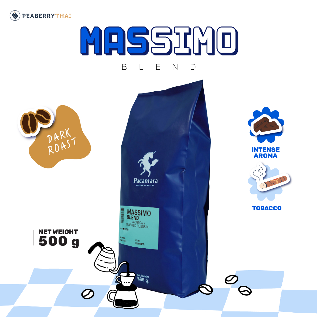 Pacamara Massimo Blend 500g เมล็ดกาแฟ อาราบิก้า+โรบัสต้า คั่วระดับ Dark Roast(ขนาดบรรจุ 500กรัม)