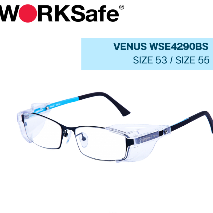 แว่นตาเซฟตี้ แว่นตาความปลอดภัย  VENUS เลนส์ 53 WSE4290BS53 กรอบสี : Shiny Gun Metal,Blue Leg