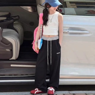 Mikyolike 2-14ปี กางเกงลำลองสาวเอวสองชั้น ผ้านุ่ม มีเชือกดึง สไตล์เกาหลี กางเกงขายาวกว้างใส่สบาย มี3สีให้เลือก