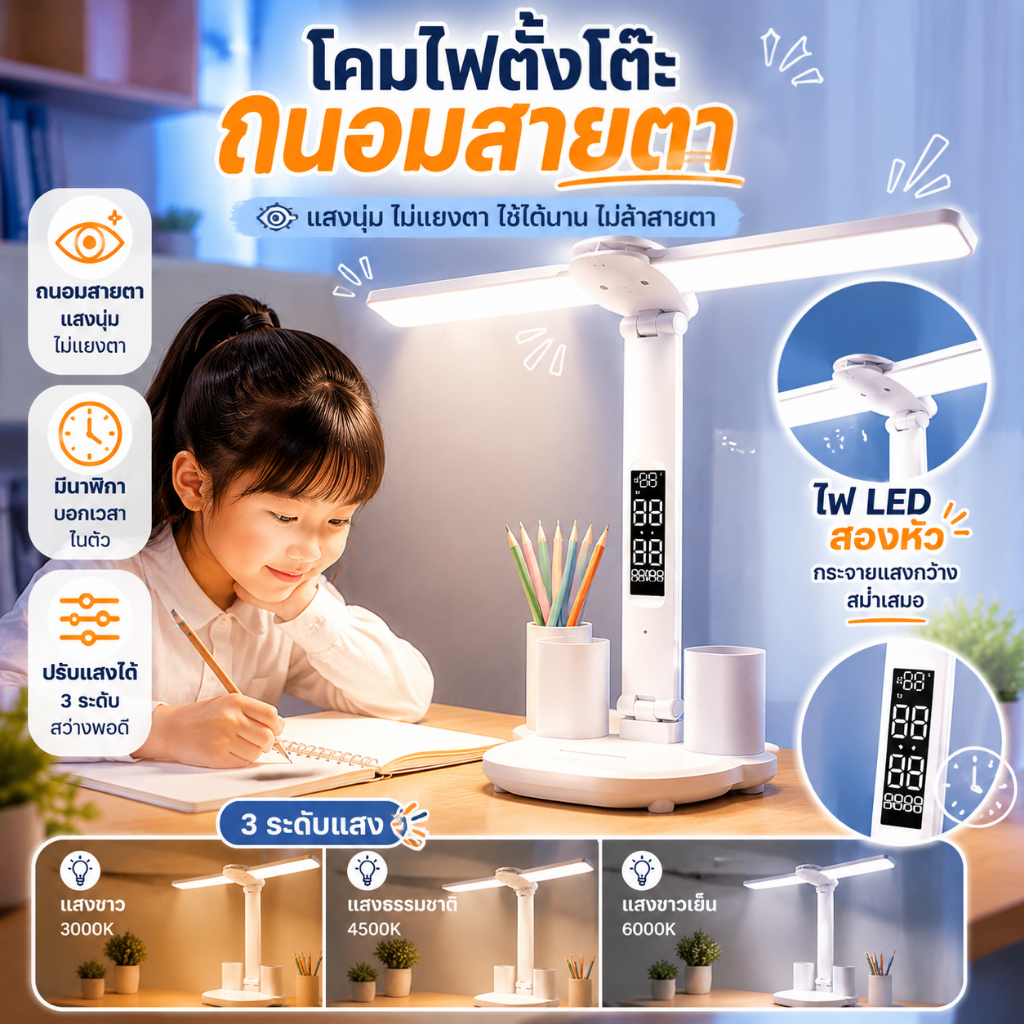 3IN1 โคมไฟสองหัว ถนอมสายตา ชาร์จUSB ปรับ3ระดับ พับได้ จอเวลา ที่ใส่ปากกา โคมอ่านหนังสือ
