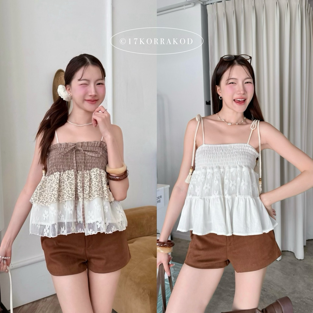 🌻เสื้อสายเดี่ยวขนมชั้นสม็อคแต่งผ้าตาข่าย ดีเทลเชือกสายผูกไหล่ (Somethingcute)