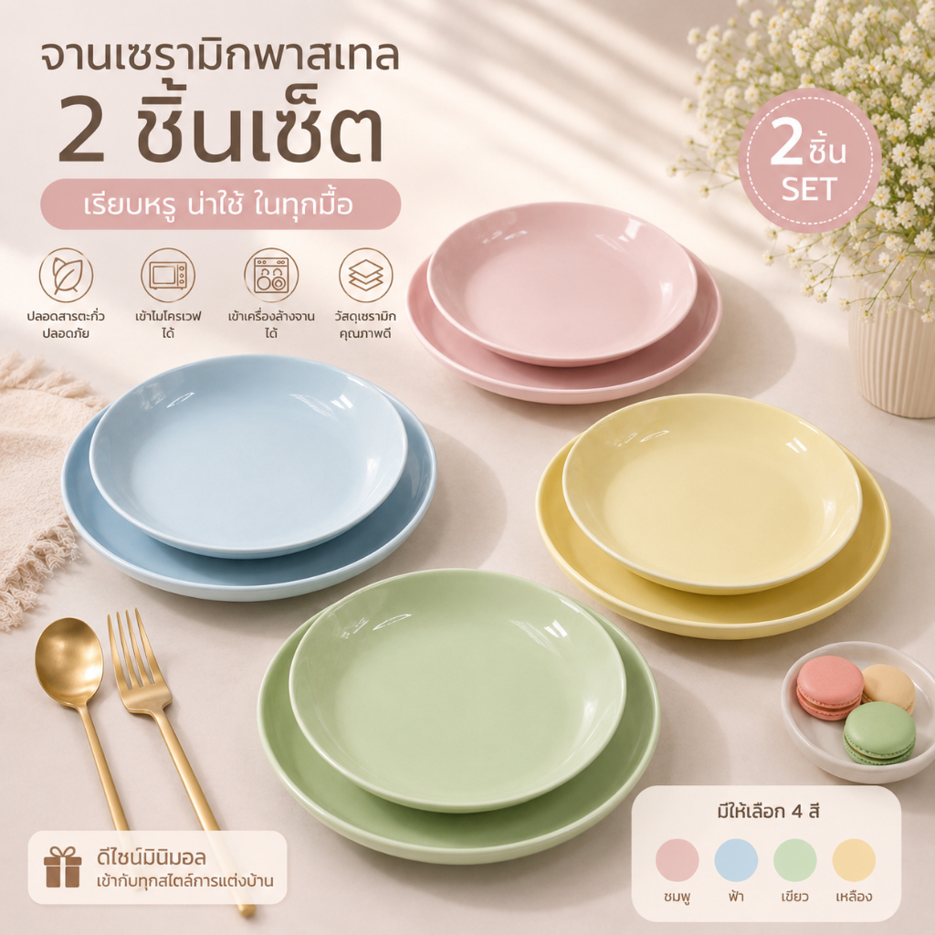 ชุดจานขนมเซรามิก 2 ชิ้น สีพาสเทลมาการอง จานเค้ก จานของหวาน คาเฟ่มินิมอล