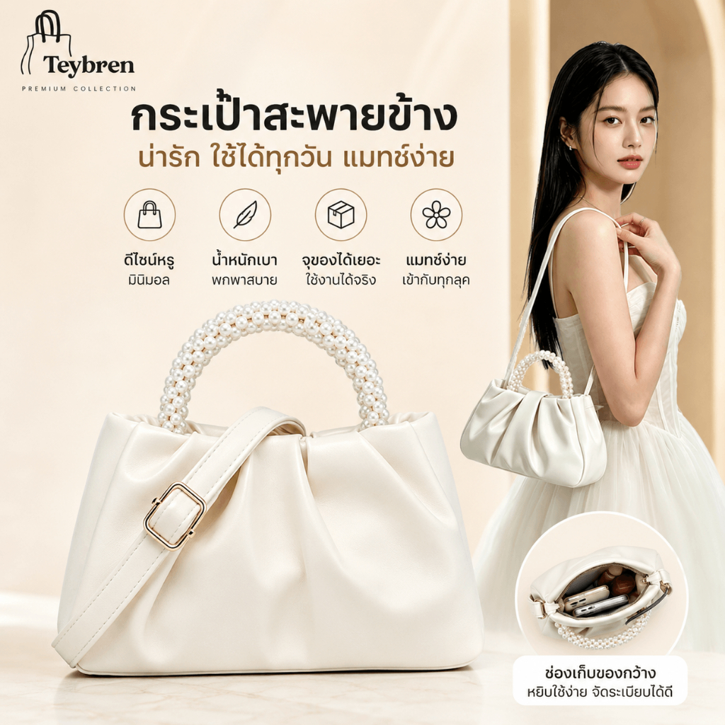 ✨พร้อมส่ง กระเป๋าหนัง PU ผู้หญิง หูหิ้วไข่มุก กระเป๋าสะพายไหล่ ดีไซน์จับจีบ สไตล์เกาหลี เรียบหรู ใช้งานได้ทุกโอกาส