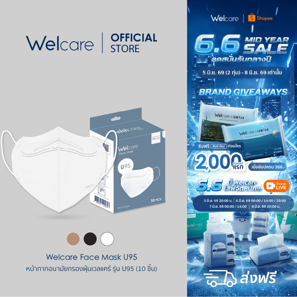 [Official] หน้ากากอนามัย Welcare 3 ชั้น ช่วยป้องกันฝุ่น PM2.5 รุ่น U95 10 ชิ้น/กล่อง