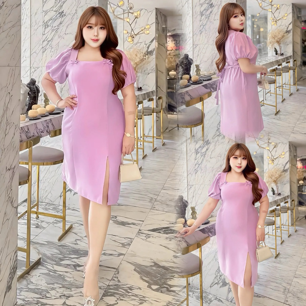 S160เดรสคอเหลี่ยมผ่าหน้าแขนตุ๊กตา มี3ไซส์ L/XL/2XL อก40-60 ยางสม็อกมีโบว์ผูกเอวหลัง ผ้าบาร์บี้ ใส่เที่ยวหรือออกงานได้