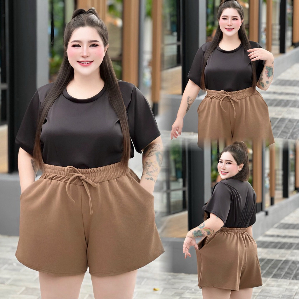 S175กางเกงขาสั้นสาวอวบ ผ้าวูลเวฟ มี2ไซส์ XL XXL เอวยางยืด กระเป๋า2ข้าง ใช้งานได้จริง รอบเอว28-58นิ้ว