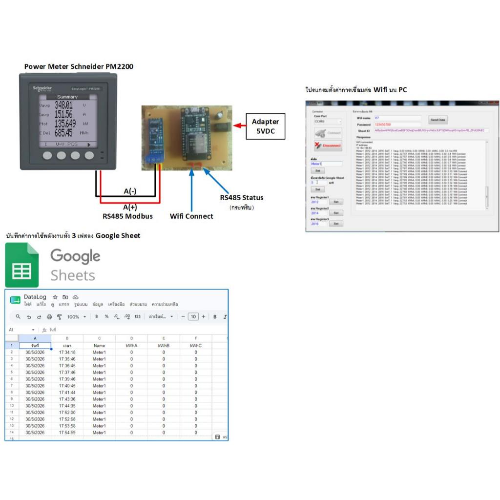 บอร์ดเชื่อมต่อ RS485 Modbus กับ Power Meter PM2200 บันทึกค่าลง Google Sheet