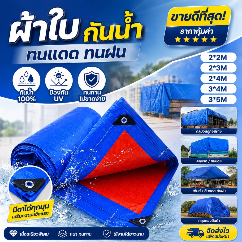 ผ้าใบกันสาด ผ้าใบกันน้ำ กันสาด ผ้าใบกันฝน ผ้าใบกันแดด คลุมรถ อเนกประสงค์ 2x2 2x3 2x4 3x4 3x5m เมตร ด้วยเชือก