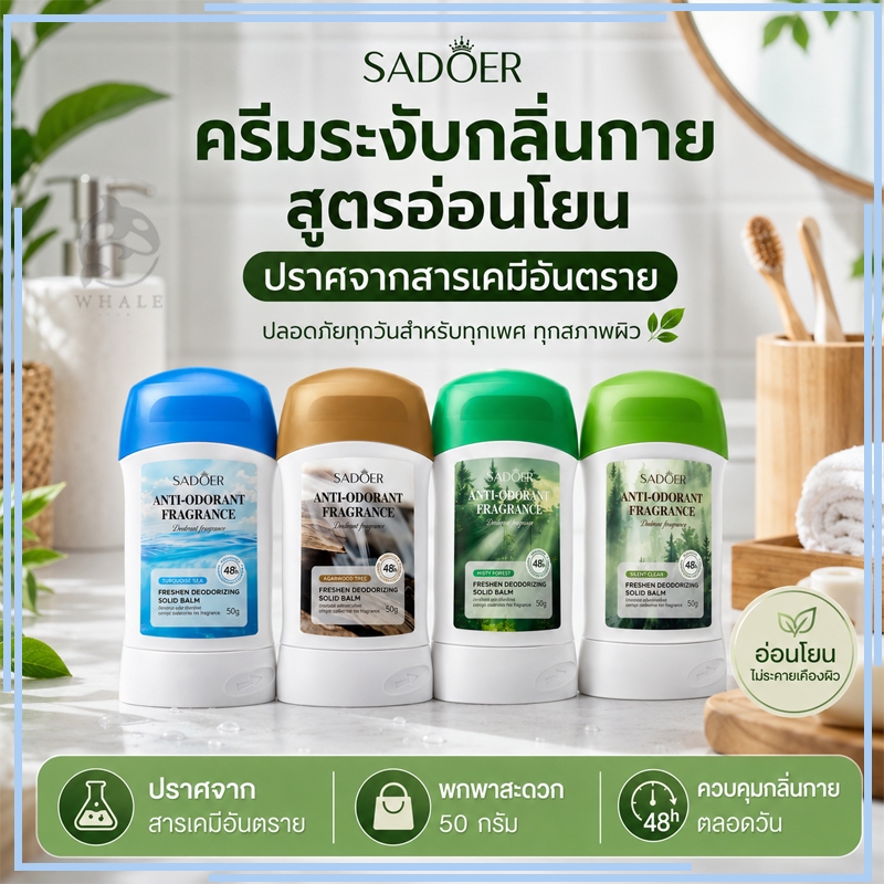 SADOER โรลออนระงับกลิ่นกายแบบแข็งสดชื่นสำหรับฤดูร้อน ระงับเหงื่อใต้วงแขน โรลออนแบบแข็งสดชื่น 50g