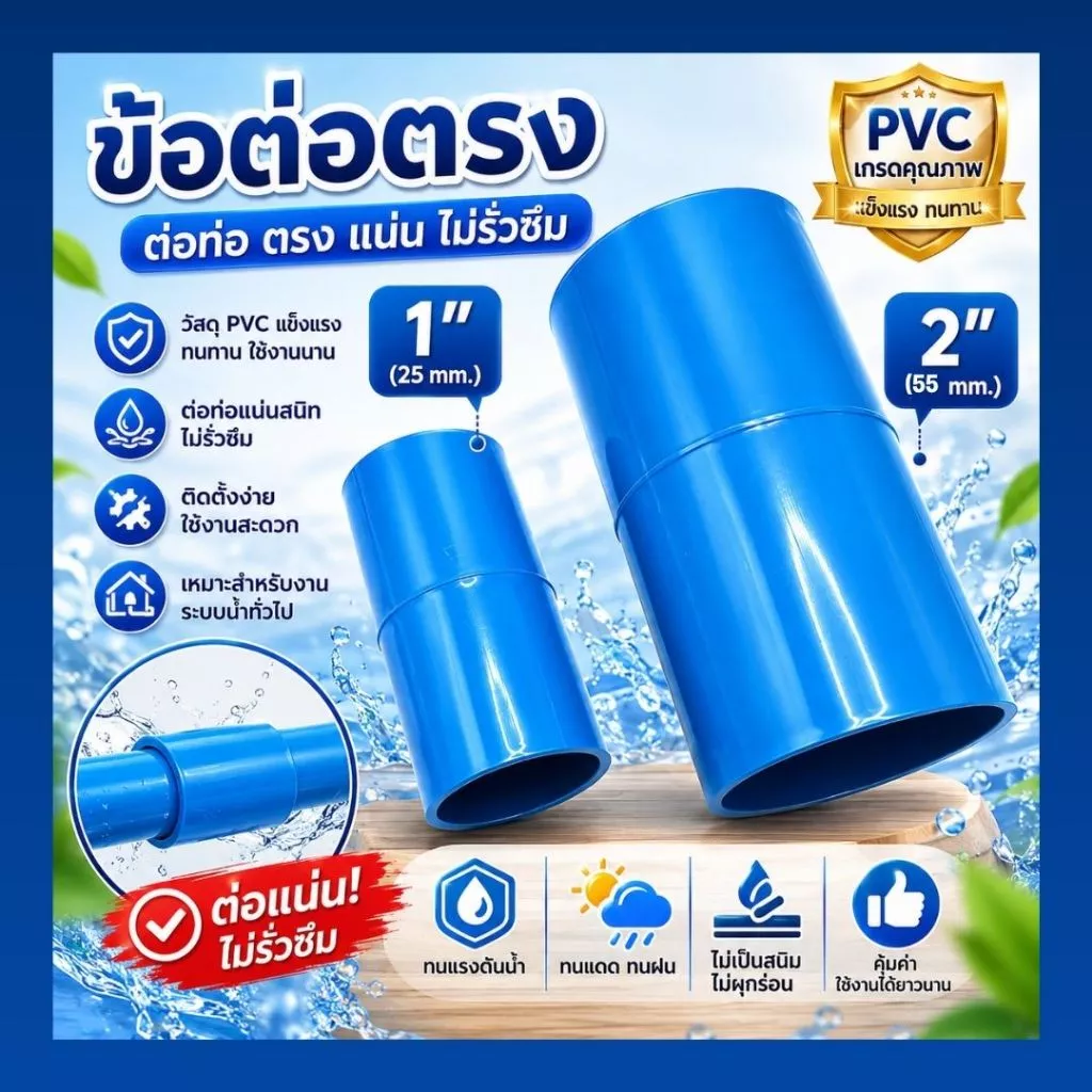 ข้อต่อตรง PVC ขนาด 1" (1นิ้ว) (แพค 25/50 ตัว) , 2" (2 นิ้ว) (แพค 10/20 ตัว) สีฟ้า แข็งแรง ทนทาน สำหรับงานประปา