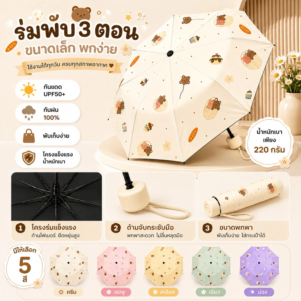ร่มพับลายเค้ก ร่มกันแดด UV ร่มกันฝนพกพา ร่มพับ 8 ก้าน ลายขนมหวานสุดน่ารัก