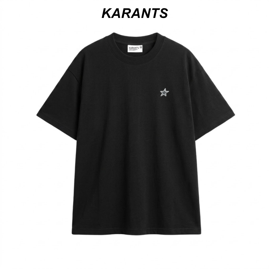 Karants เสื้อยืด Oversize ผ้า Cotton 2 ด้าน ติดแถบโลหะ สีพื้น สำหรับผู้ชายและผู้หญิง Unisex - KR482