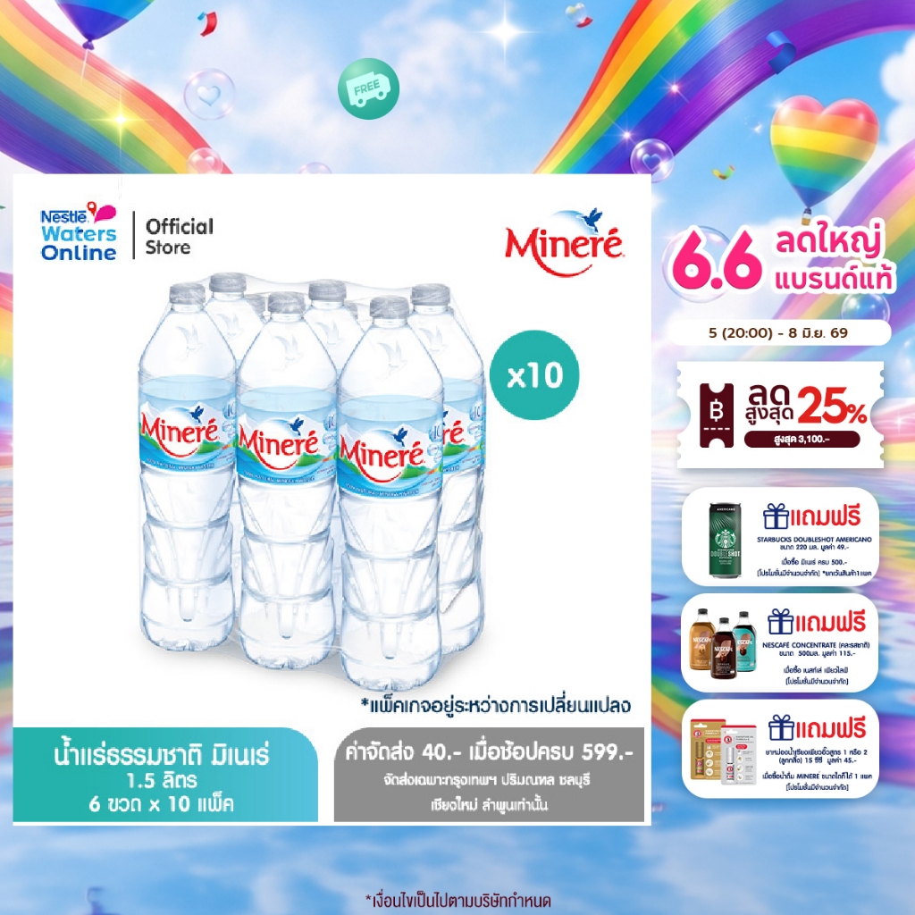 [จัดส่งกรุงเทพฯ ปริมณฑล ชลบุรี เชียงใหม่ ลำพูน] น้ำแร่ธรรมชาติมิเนเร่ 1.5ล. (แพ็ค 6 ขวด) x 10 แพ็ค