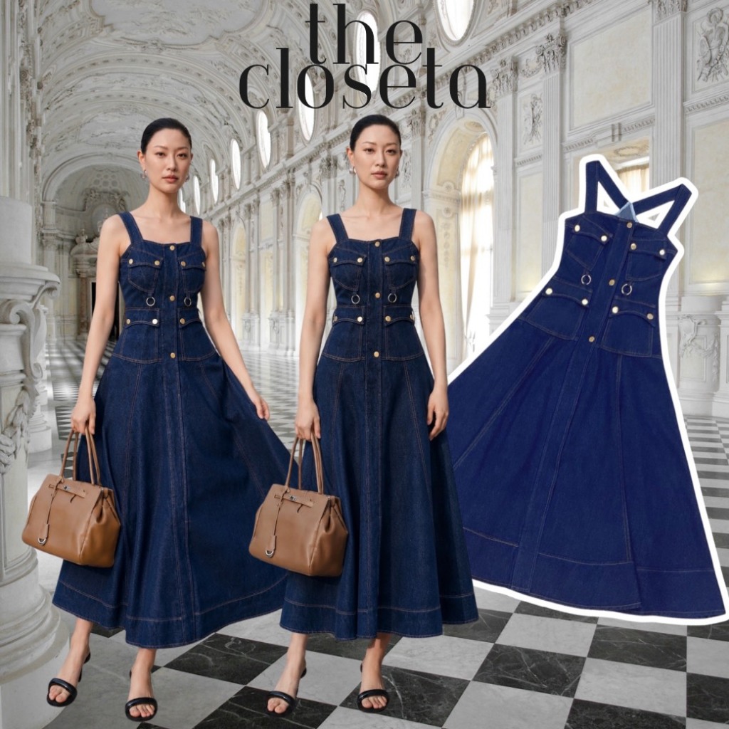 THE CLOSETA : LB631 ชุดเดรสยีนส์ทรงกระโปรงบานสียีนส์เข้มแต่งห่วงทอง