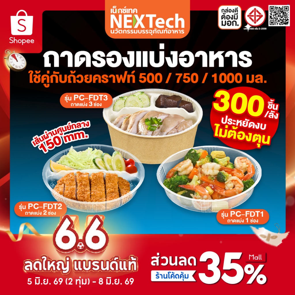 Nextech (รวมรุ่ม) ถาดรองพลาสติกแบ่งอาหารสำหรับถ้วยคราฟท์ปากกว้าง 150 มม. ตัวถาดผลิตจาก PP Foodgrade