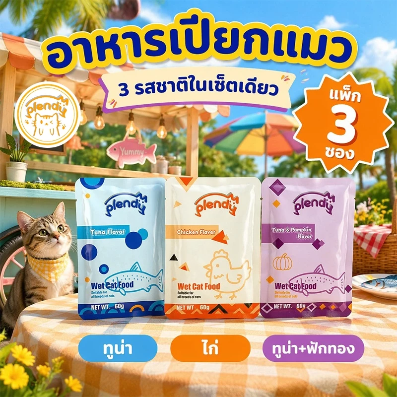 Plendy อาหารเปียกแมว 3 ซอง 60g อาหารแมวเปียกพรีเมียม เนื้อสัตว์35% กลูเตนฟรี ทูน่า ไก่ ขนมแมว แมวกินยาก