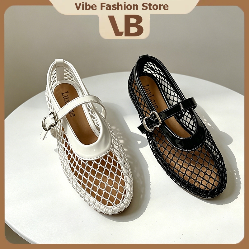 Vibe รองเท้าแบนผู้หญิง ตาข่ายรอบนิ้วเท้า สายรัดแบน ไซส์ใหญ่ 35-41