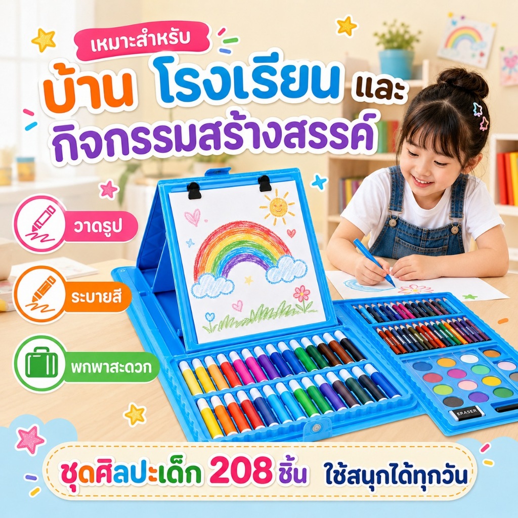 KiKi ชุดระบายสีเด็ก 208 ชิ้น กล่องศิลปะพกพา รูปที่ 6