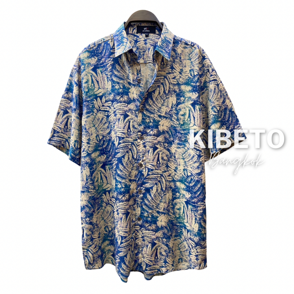 Kibeto เสื้อฮาวาย ลายใบเฟิร์น สีน้ำเงิน ผ้าสปันเรยอน ผ้านิ่ม ใส่สบาย M L XL 2XL 3XL