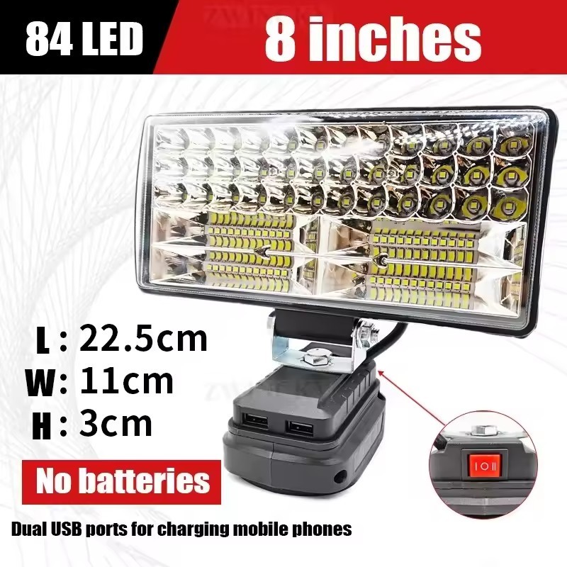โคมไฟ LED 8 นิ้ว สปอร์ตไลท์พกพา ไฟฉายแรงสูงกลางแจ้ง ใช้กับแบตเตอรี่ Makita พร้อมพอร์ต USB สำหรับแคมป์และตกปลา