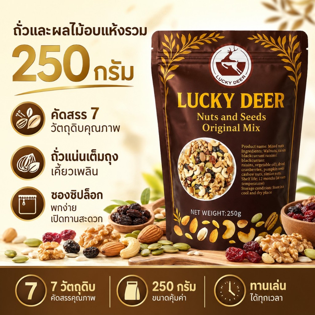 ถั่วรวมผลไม้อบแห้ง 250g คัดสรร 7 วัตถุดิบ ซองซิปล็อก ขนมทานเล่นสำหรับทั้งครอบครัว พร้อมทาน