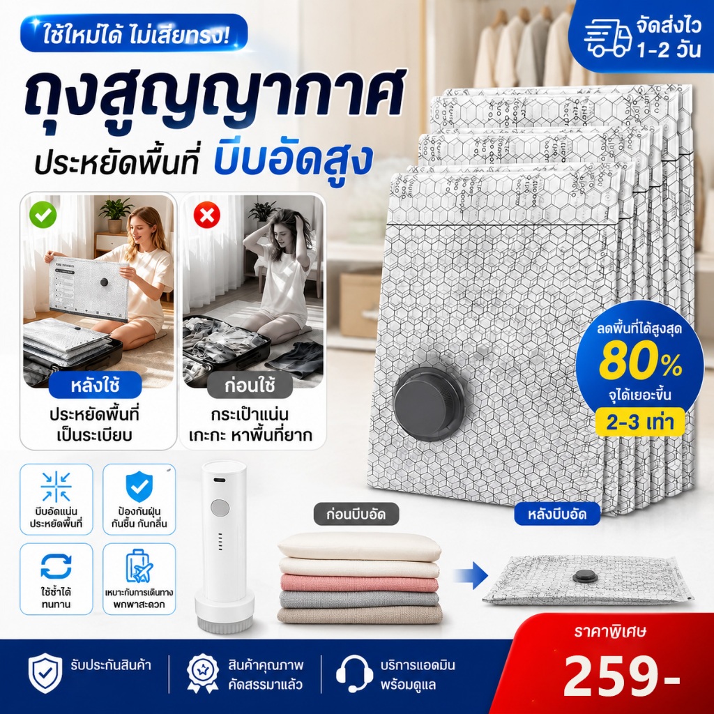 ถุงสูญญากาศ ชุด 7-19 ชิ้น +ปั๊มมือ ถุงเก็บเสื้อผ้า PA+PE หนาพิเศษ กันน้ำกันฝุ่น ประหยัดพื้นที่ 80% ถุงจัดระเบียบกระเป๋าเ