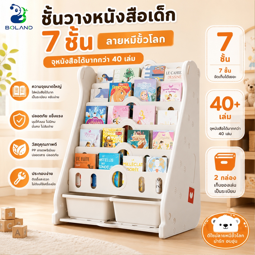 Boland ชั้นวางหนังสือเด็ก 7ชั้น ชั้นหนังสือเด็ก ตู้เก็บหนังสือนิทาน จุเยอะ พร้อมกล่องเก็บของ