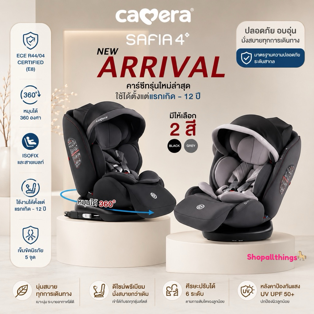 (ประกัน3ปี) CAMERA คาร์ซีท รุ่น Safia 3 / Safia 4 มี Isofix เด็กแรกเกิด - 12 ปี หมุนได้ 360 องศา และรุ่นใหม่ i-safia