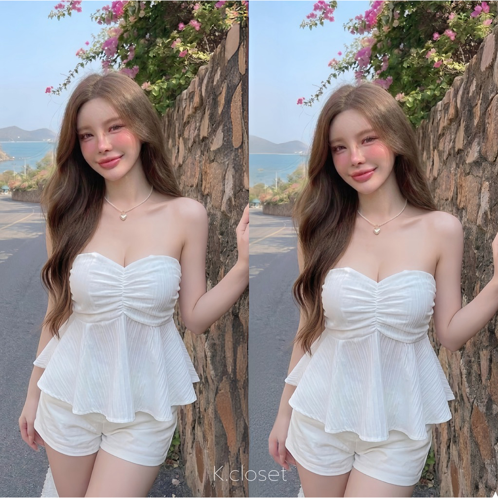 เสื้อเกาะอกชายระบาย ทรงสวยไฮโซ❌ไม่มีฟองน้ำค่า❌