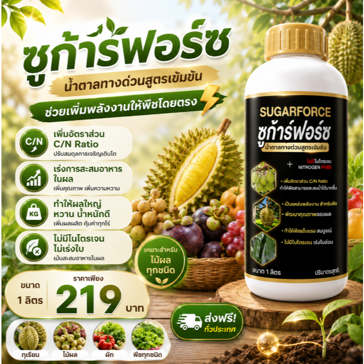 ซูก้าร์ฟอร์ซ น้ำตาลทางด่วน สูตรเข้มข้น ซอบิทอล ไม่มีไนโตรเจน เพิ่มความหวาน เพิ่มคุณภาพผลผลิต 1 ลิตร