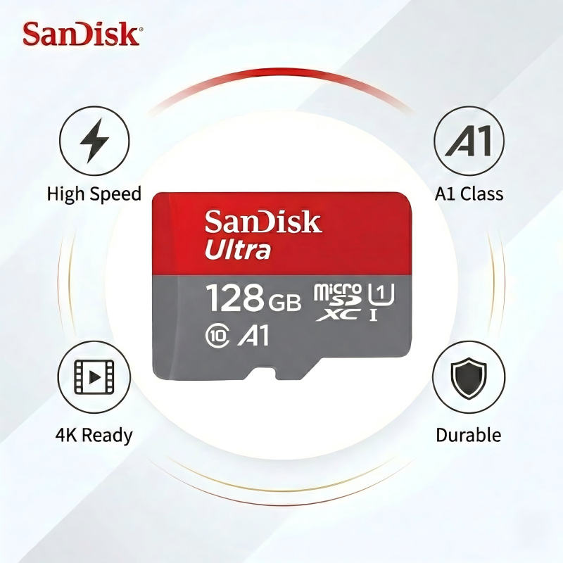 Versatile SanDisk Ultra microSD card with plug-and-play design, fast app loading under A1 specification, ample space for