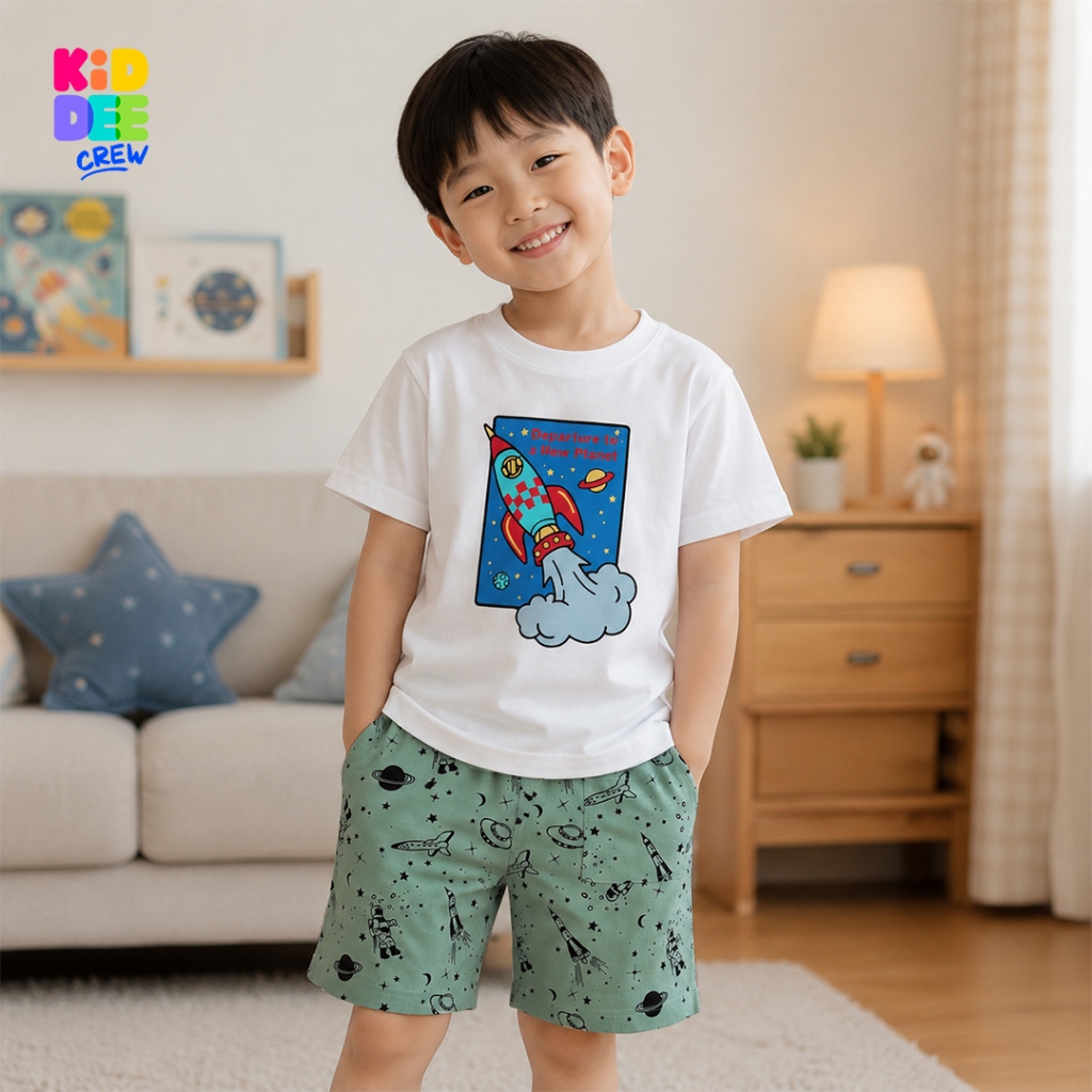 KiddeeCrew ชุดเซ็ตเด็ก เสื้อสีขาวพิมพ์ลายฉรวด กางเกงเขียวอวกาศ แขนสั้นขาส้้น เหมาะสำหรับอายุ 1-12 ป๊