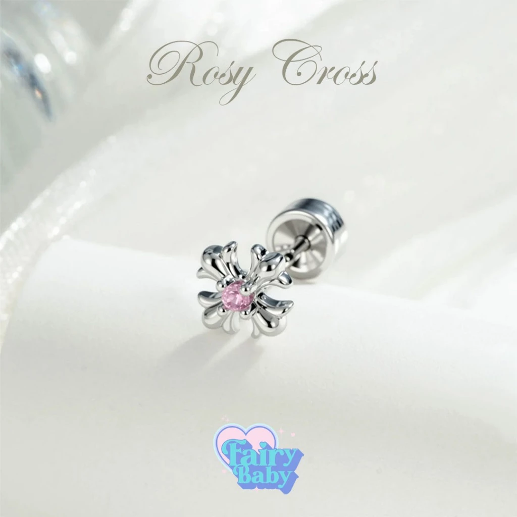 Fairybaby จิว Rosy Cross ( 1 ชิ้น ) แป้นแบน จิวตุ้มหู น่ารัก โทนชมพู (J3-202)