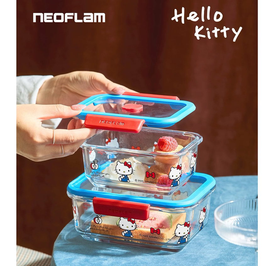 พร้อมส่งด่วน 🇹🇭Neoflam x Hello Hitty กล่องเนื้อแก้ว ลายคิตตี้ ฝาปิดแน่น กระเป๋าเก็บอุณหภูมิ รุ่นสีแดง-ฟ้า