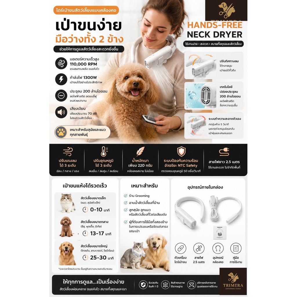 ไดร์เป่าขน แบบคล้องคอ Harpo สำหรับสุนัข และแมว แบบกระจายลม