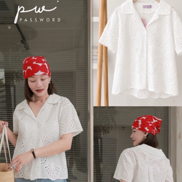 Password 6359 เสื้อผ้าเชิ้ตผ้าคอตตอนปักฉลุลาย shell ทั้งตัว