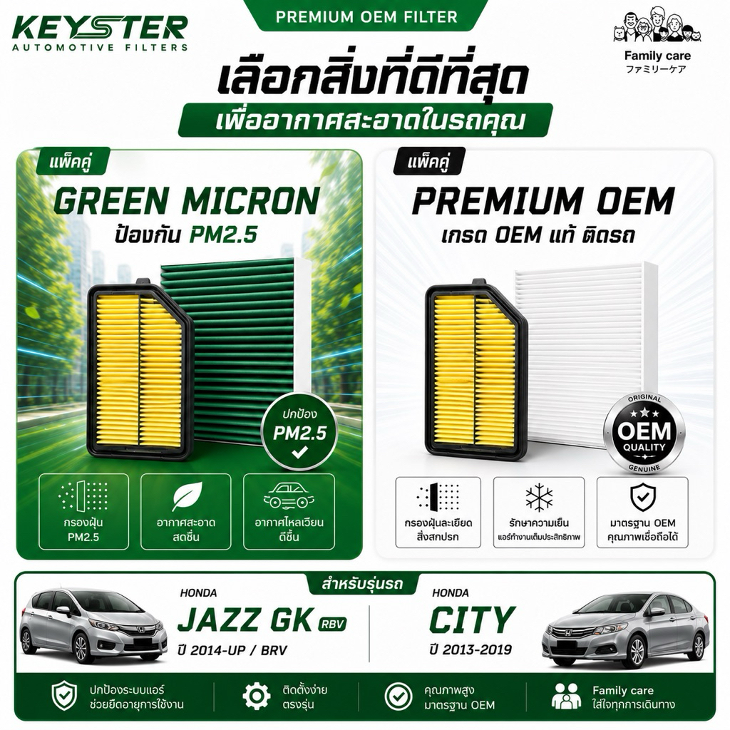 ‼️แพ็คคู่‼️กรองอากาศ + กรองแอร์ JAZZ GK ปี 2014UP , CITY 2013-2019 , BRV ป้องกัน PM2.5 #A-55A+TGO