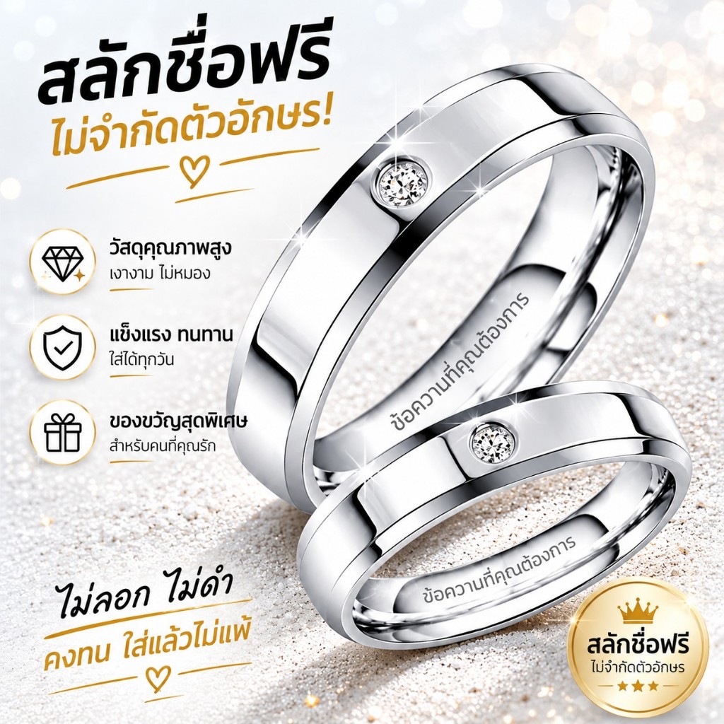 สั่งทำฟรี แหวนคู่รักพร้อมสลักชื่อและข้อความ สแตนเลสเงางาม ไม่ดำไม่ลอก ของขวัญคู่รัก วาเลนไทน์ ครบรอบแต่งงาน