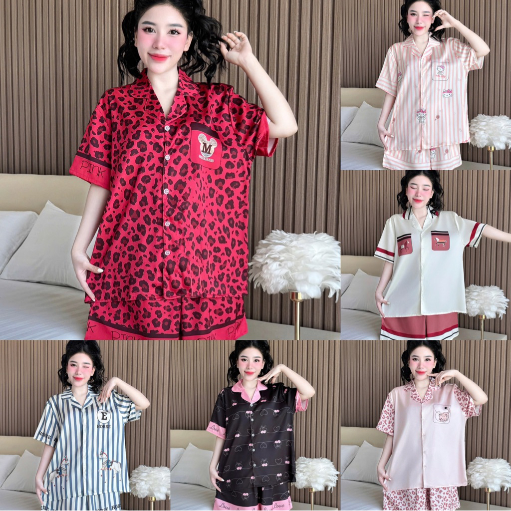 🔥เข้าใหม่🔥ชุดนอนแขนสั้น-ขาสั้น ผ้าไหมsilk satin อก-44” (free size)