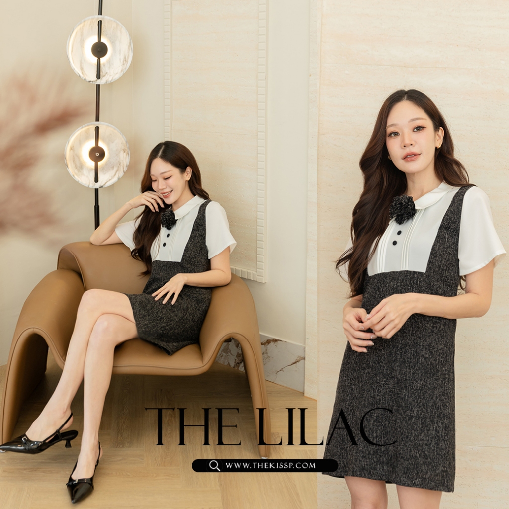 Lot 2 :THE LILAC 'dress + FREE fluffy flower pin(เข็มกลัดดอกไม้ผ้าทวิตถิดออกจากชุดได้)