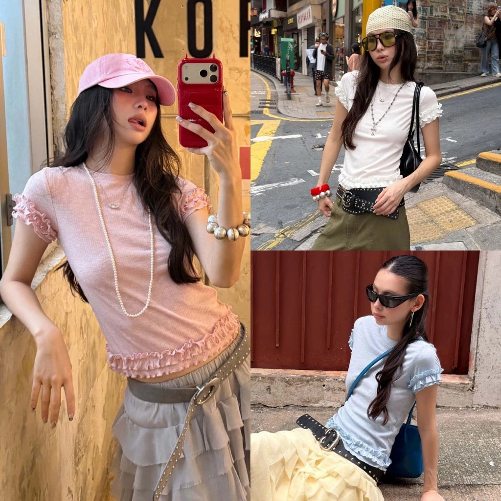 BY0541 เสื้อคอกลมแต่งระบายดอกไม้ ทรงพอดีตัว benly co