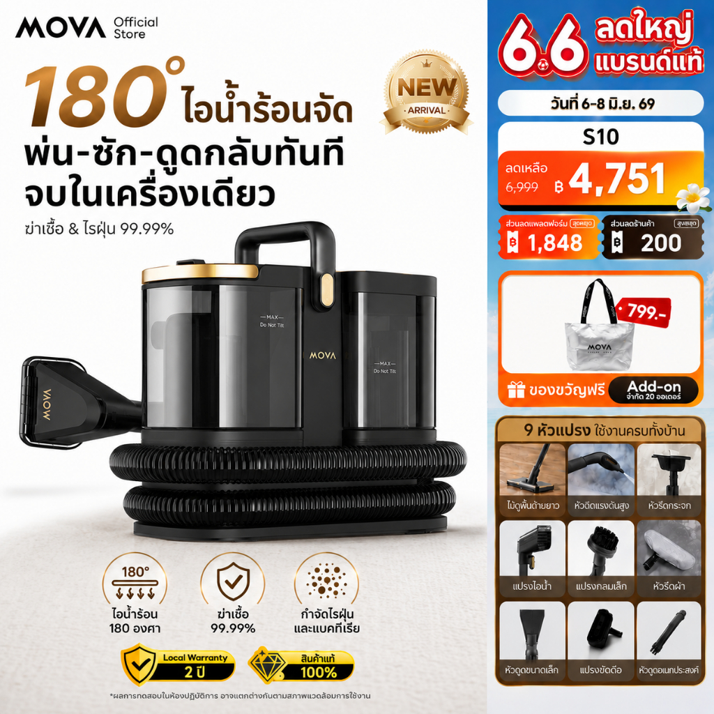 MOVA S10 เครื่องทำความสะอาดไอน้ำ 1500W แรงดันสูง พ่นไอน้ำร้อน 180°C ฆ่าเชื้อ 99.9% ขจัดคราบมัน คราบฝังลึก บ้าน ครัว โซฟา